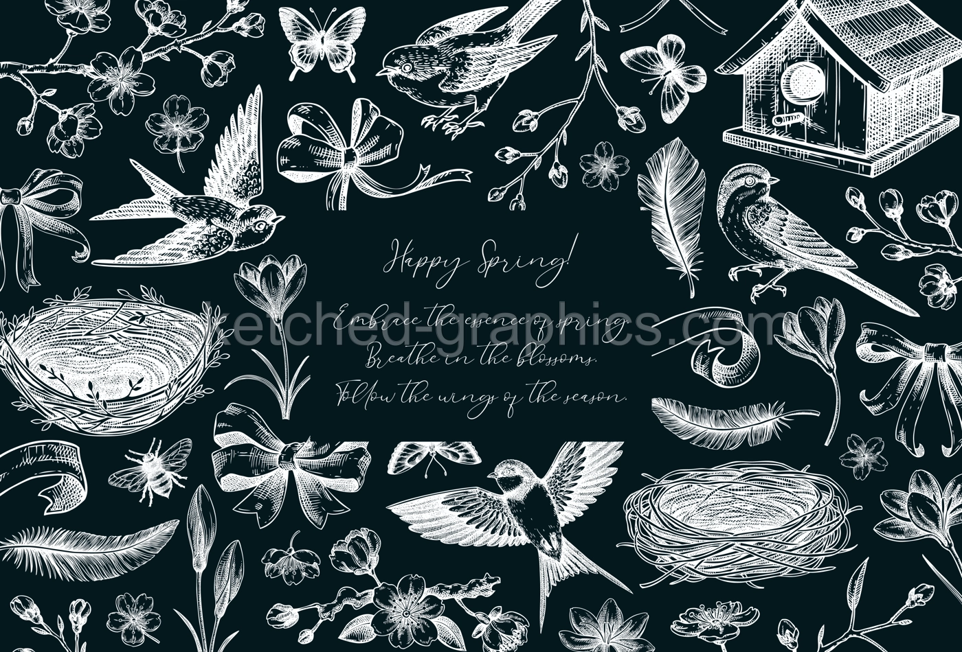 Hand-drawn spring background. Flying bird, sakura flower, bird house, bow and ribbon chalk drawings. Easter vector illustrations. Vintage baroque frame design. NOT AI generated Illustration